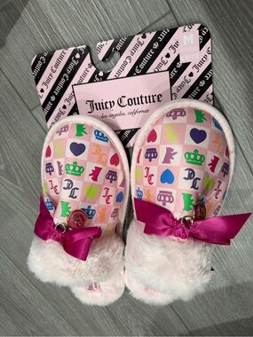 Juicy Couture Pink Multicolor Logo Plush Bow Slip-On Slippers